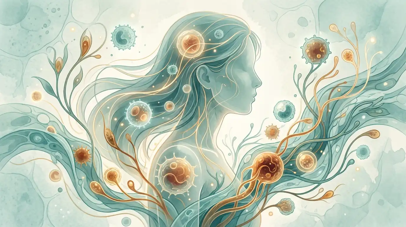 Stylized female silhouette surrounded by glowing immune cells in conflict with tissue forms in teal and amber tones