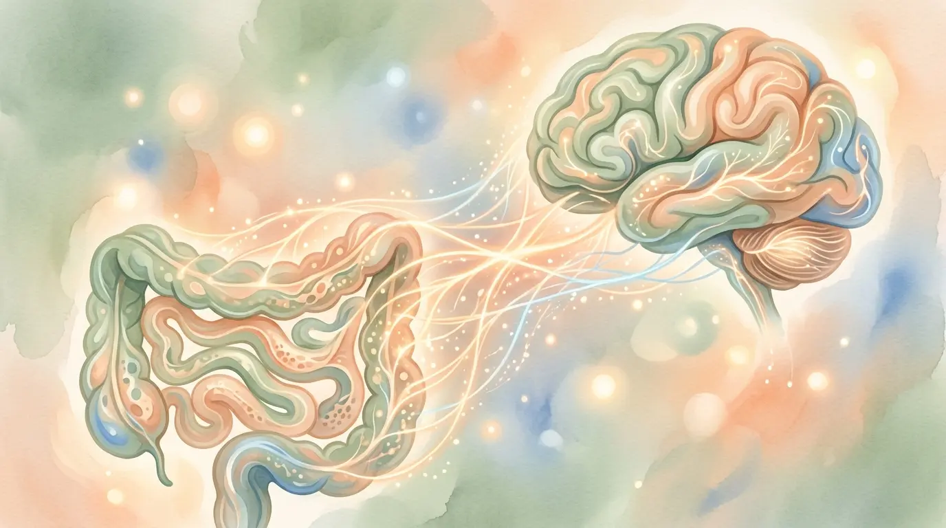 Fluid abstract shapes of gut and brain connected by glowing threads in sage green and peach tones