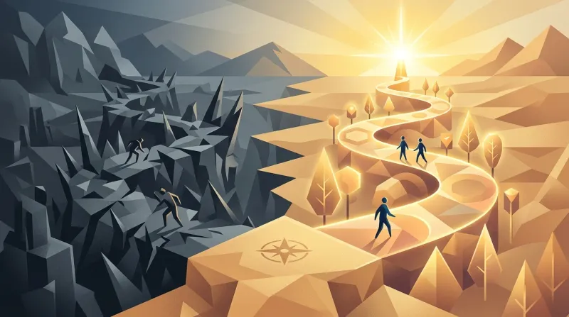 Two contrasting pathways, one ordered and warm, one chaotic and dark, representing healthy vs. unhealthy coping