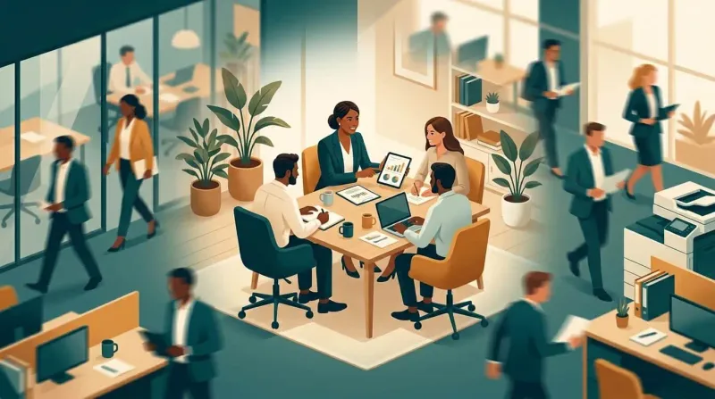 Calm central figure radiating warm light in a circle of leaning team figures in teal and amber tones