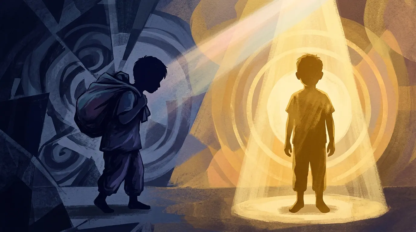 Two child silhouettes, one in spotlight and one in shadow carrying a burden, in gold and indigo tones