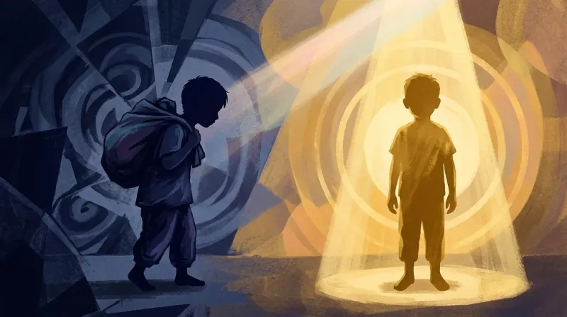 Two child silhouettes, one in spotlight and one in shadow carrying a burden, in gold and indigo tones