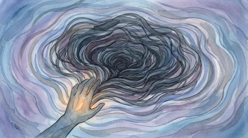 Abstract swirling dark mass being calmed by a reaching hand into ripples of blue and lavender