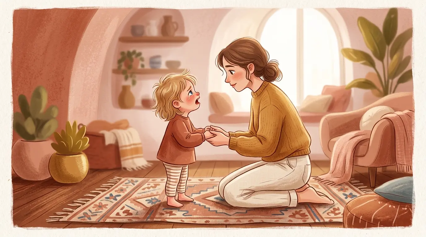 Stylized adult kneeling to meet child figure mid-tantrum in warm terracotta and cream interior