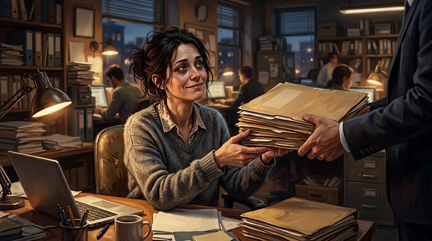 Single figure stretched toward multiple others with its own light dimming in terracotta and rose tones