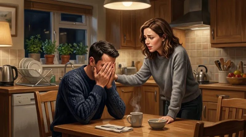 Theatrical sad mask with shadowy form beneath draining compassionate figure in blues and gray