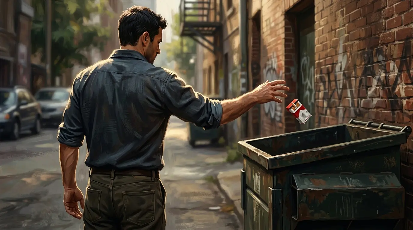 Single figure climbing a misty mountain path toward a ray of golden sunrise light