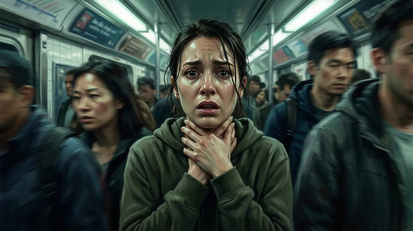 Two geometric zones contrasting sharp electric panic bursts with a steady foggy anxiety haze in blue tones