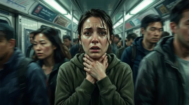 Two geometric zones contrasting sharp electric panic bursts with a steady foggy anxiety haze in blue tones