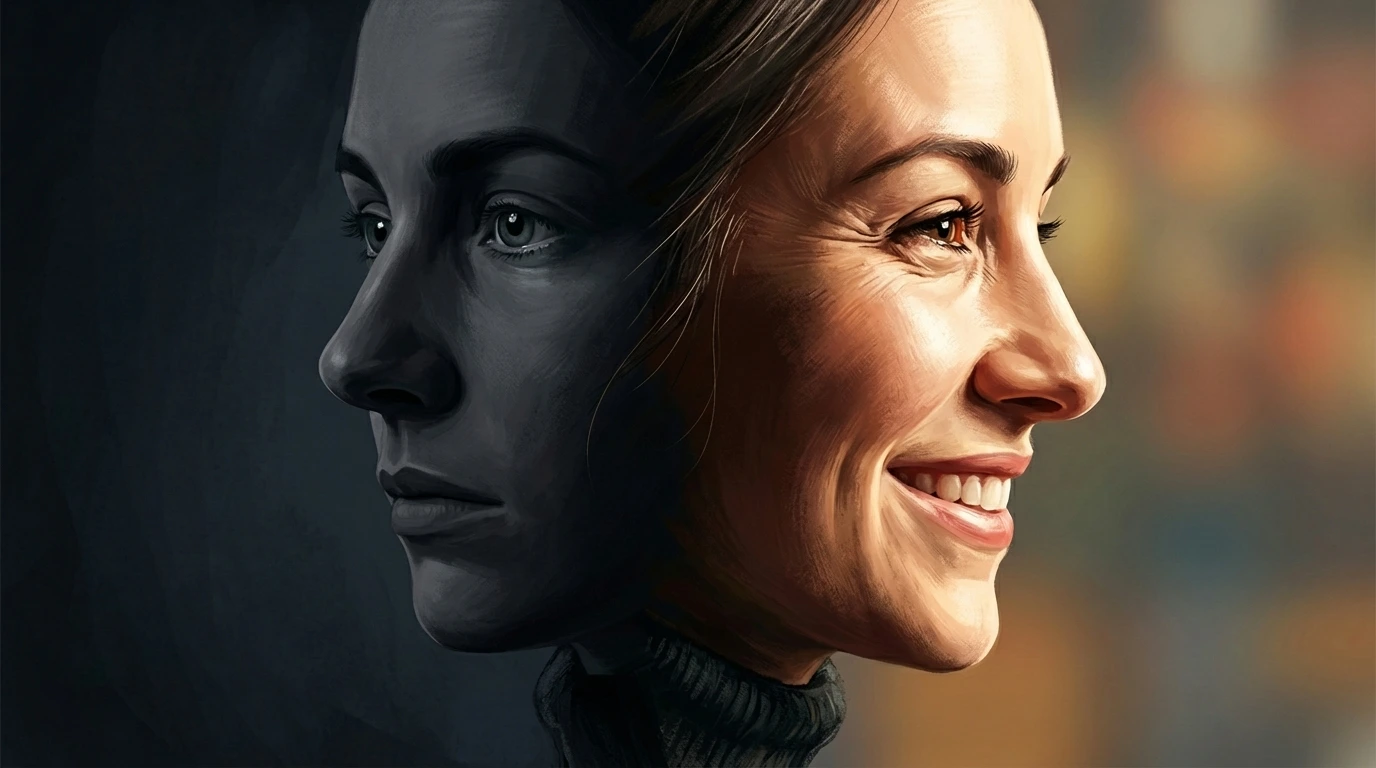 Split face showing electric blue mania half and deep indigo depression half symbolizing bipolar extremes