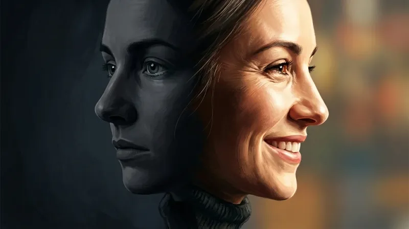 Split face showing electric blue mania half and deep indigo depression half symbolizing bipolar extremes