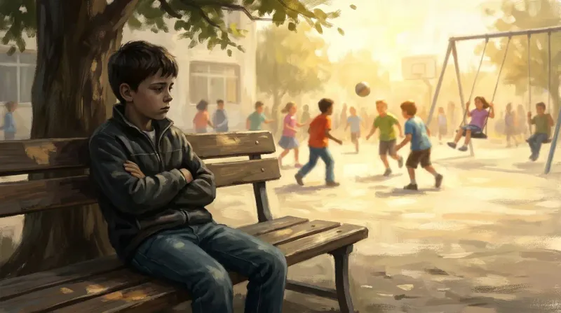 Small child silhouette carrying oversized adult burdens with a large adult shadow behind and warm light ahead