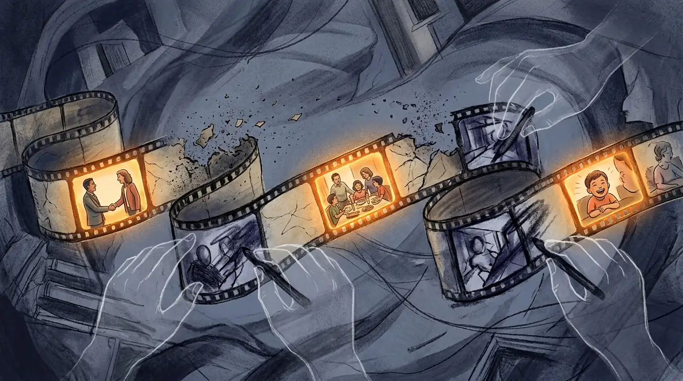 Film reel of events being erased and redrawn by unseen hands with warm amber fragments resisting distortion