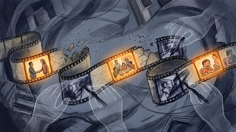 Film reel of events being erased and redrawn by unseen hands with warm amber fragments resisting distortion