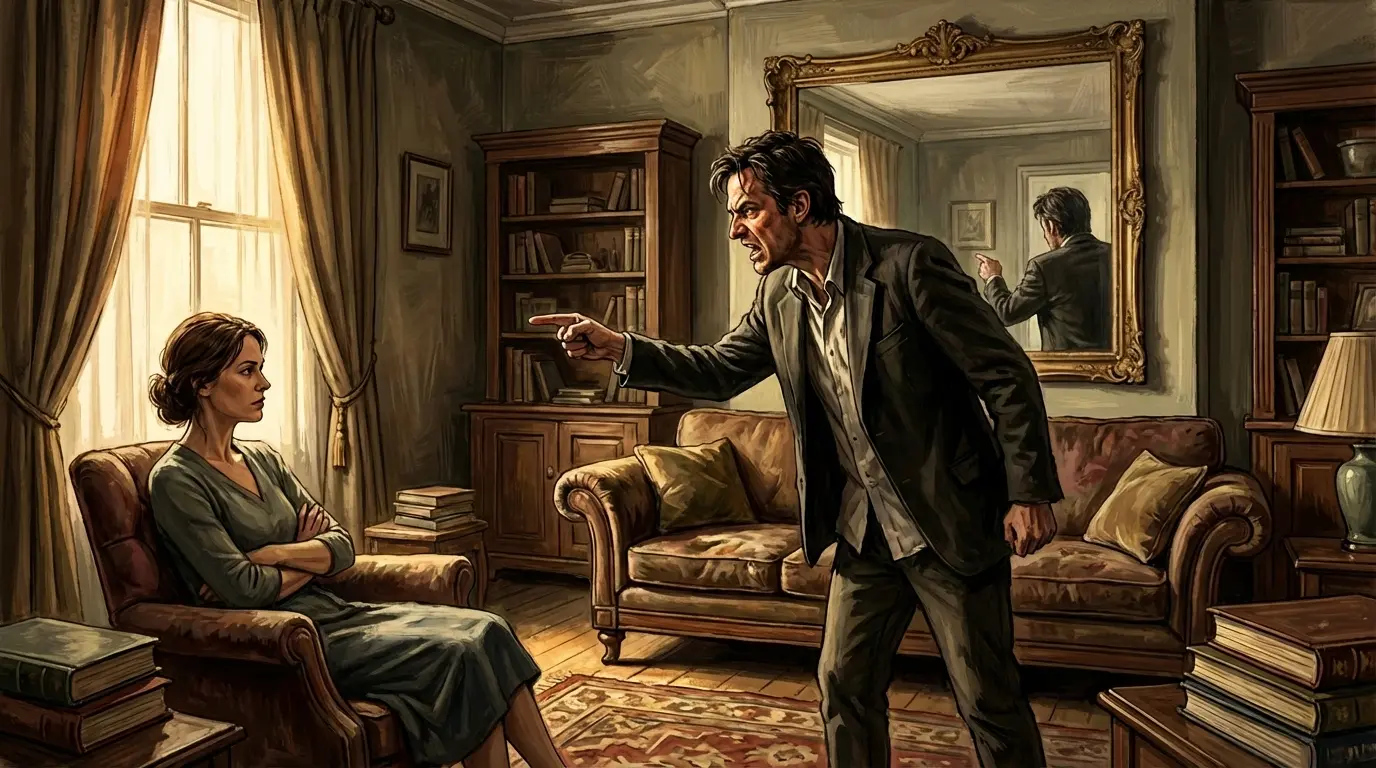 Shadowy figure casting a distorted shadow onto a clear illuminated figure in slate gray and warm contrast