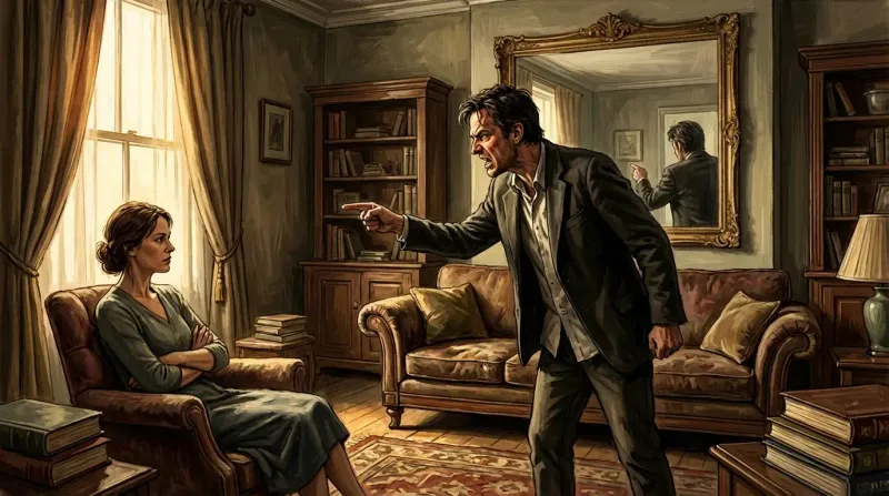 Shadowy figure casting a distorted shadow onto a clear illuminated figure in slate gray and warm contrast