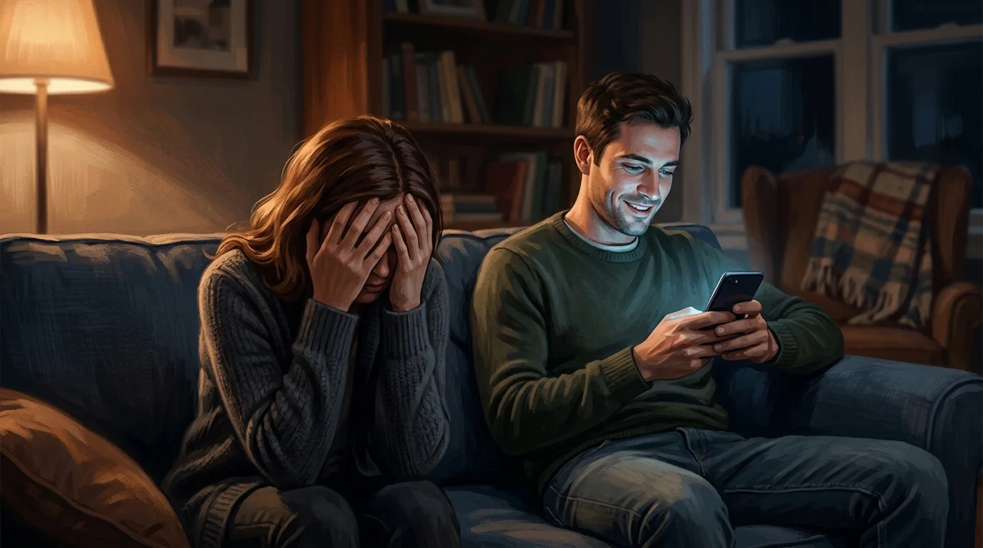 Stylized eye with a mirror lens reflecting self while surrounding figures remain faint and transparent in slate and gold
