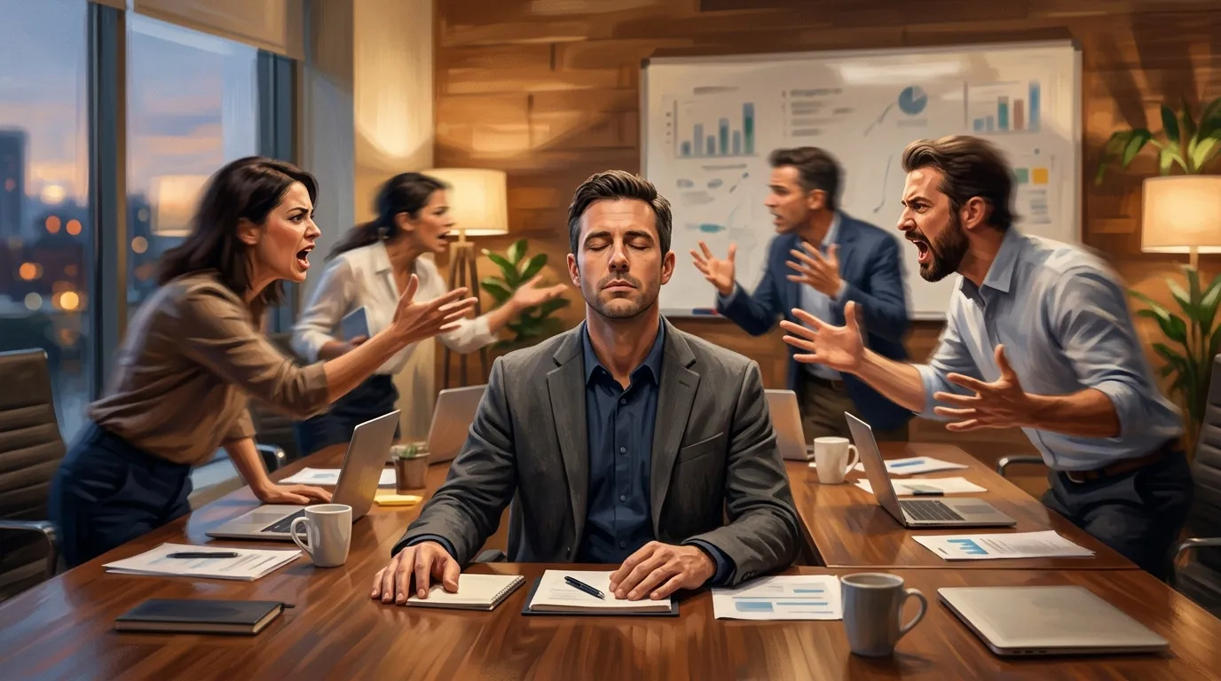 Steady hexagon at center resisting angular pressure shapes from all sides in teal and warm sand tones