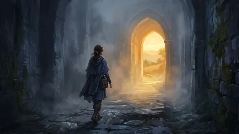 A silhouette walking through darkness toward a bright golden opening, symbolizing the journey through pain toward hope