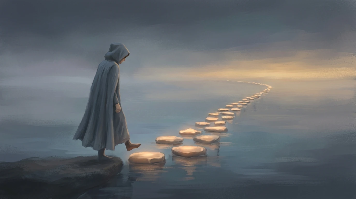 A figure standing mid-step on a glowing bridgesymbolizing the hesitation of procrastination as a trauma response.