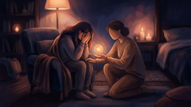 شخصيتان مجرّدتان — إحداهما جالسة في ضيق، والأخرى تميل قريبًا تمدّ يدها بكرة ضوء دافئة — ترمزان إلى دعم الوقاية من الانتحار.