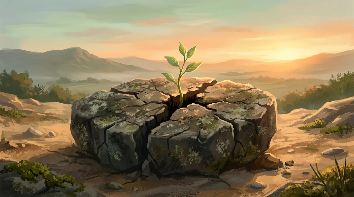 A green sprout growing from a cracked stone in warm sunrise light, symbolizing healing from core wounds.