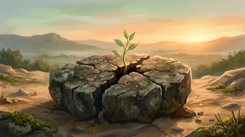 A green sprout growing from a cracked stone in warm sunrise light, symbolizing healing from core wounds.
