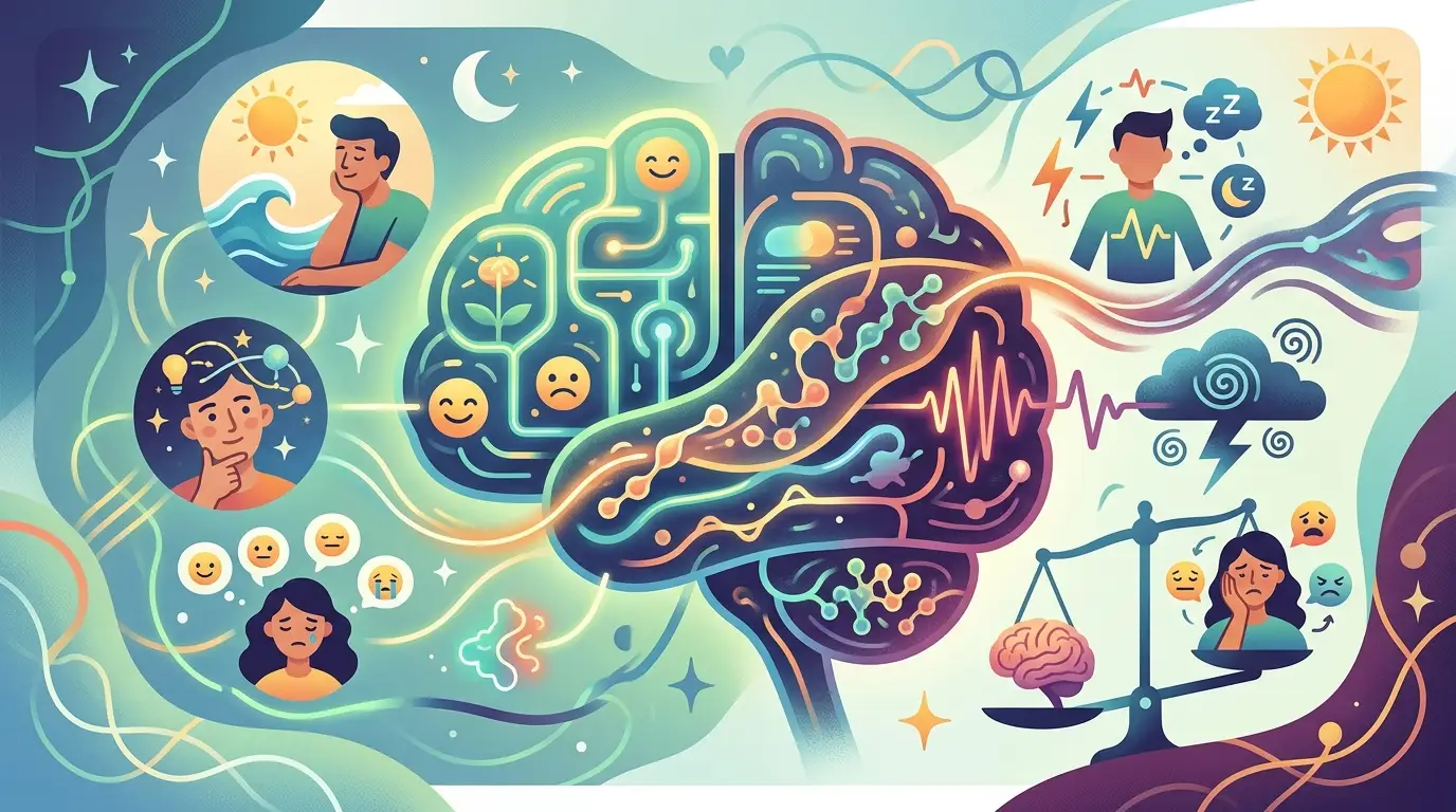 موجات جزيئية مجردة متشابكة مع عقد متوهجة دافئة، ترمز إلى العلاقة بين الهرمونات والصحة النفسية.