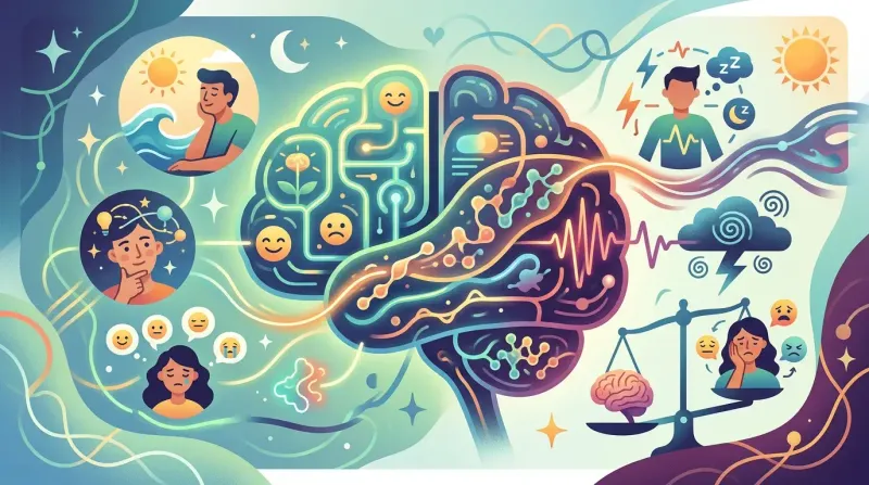 موجات جزيئية مجردة متشابكة مع عقد متوهجة دافئة، ترمز إلى العلاقة بين الهرمونات والصحة النفسية.