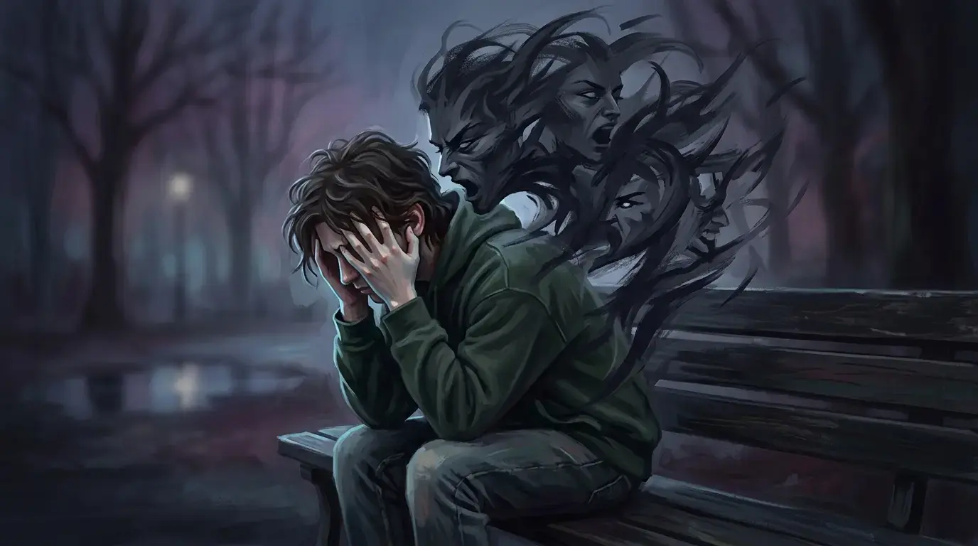 Person sitting on a bench with inner voices talking