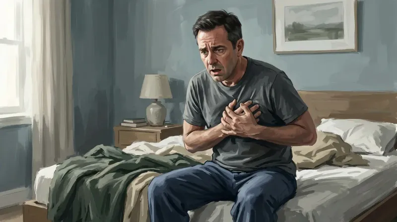 Abstract watercolor of turbulent waves calming into still water beneath a warm light, symbolizing overcoming panic attacks.