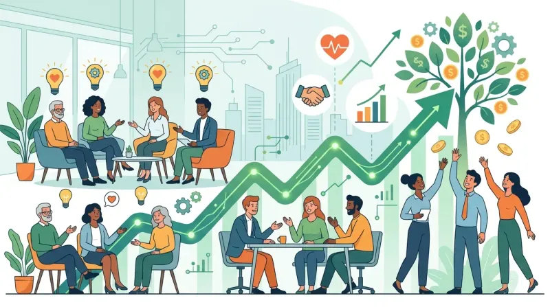 Abstract upward-trending shapes made of human silhouettes.