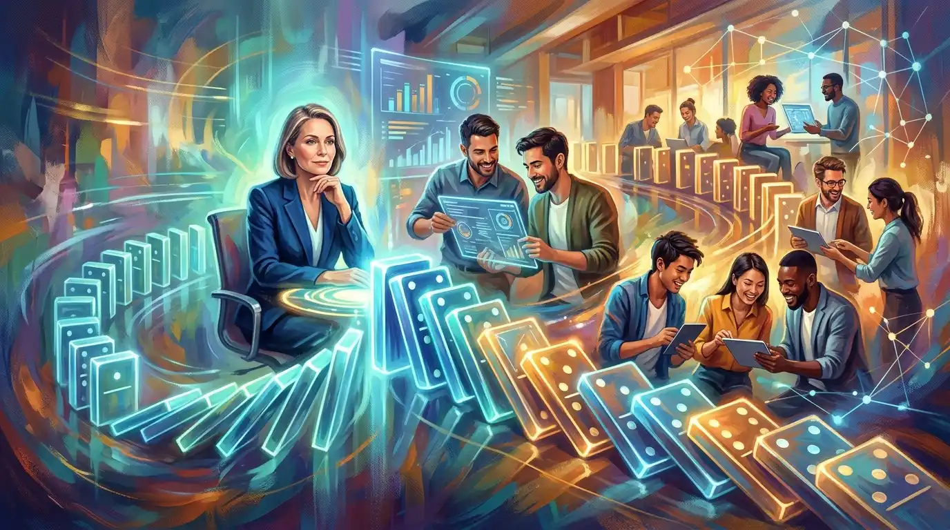 أحجار دومينو متوازنة ترمز لتأثير هدوء القائد على الفريق