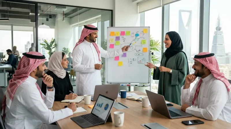Diverse team collaborating around a table in a bright modern office with warm natural light