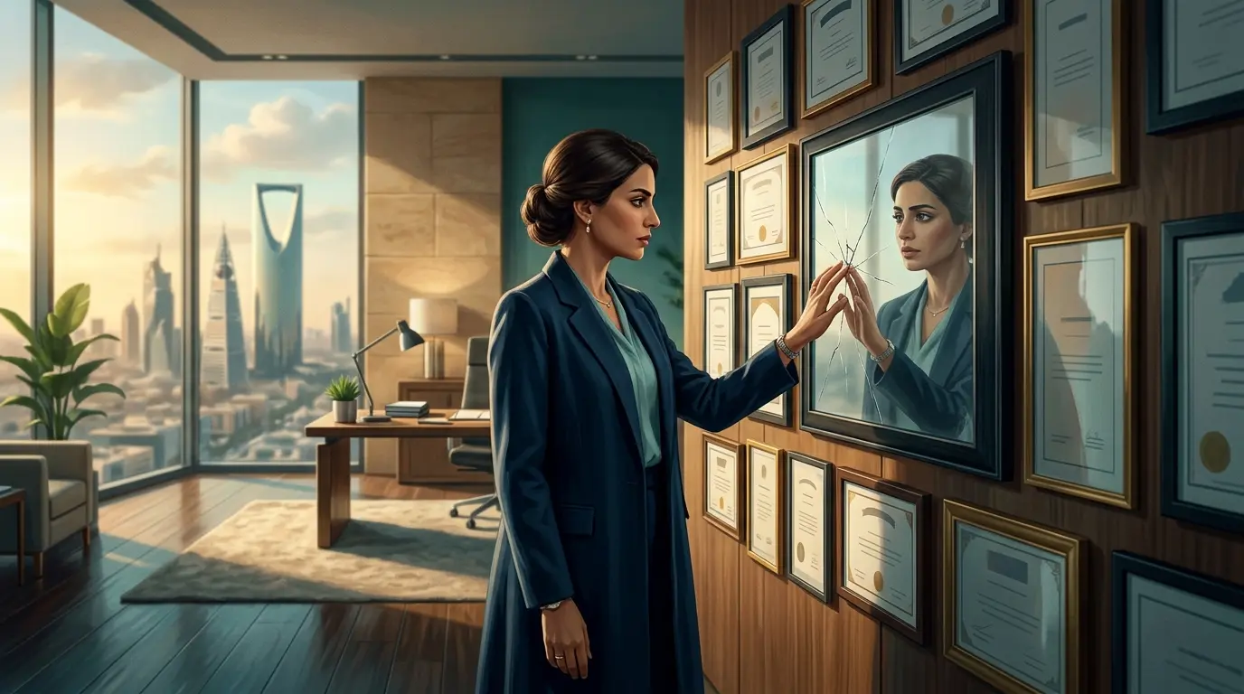 Professional woman at a podium receiving applause while looking doubtful about her own success