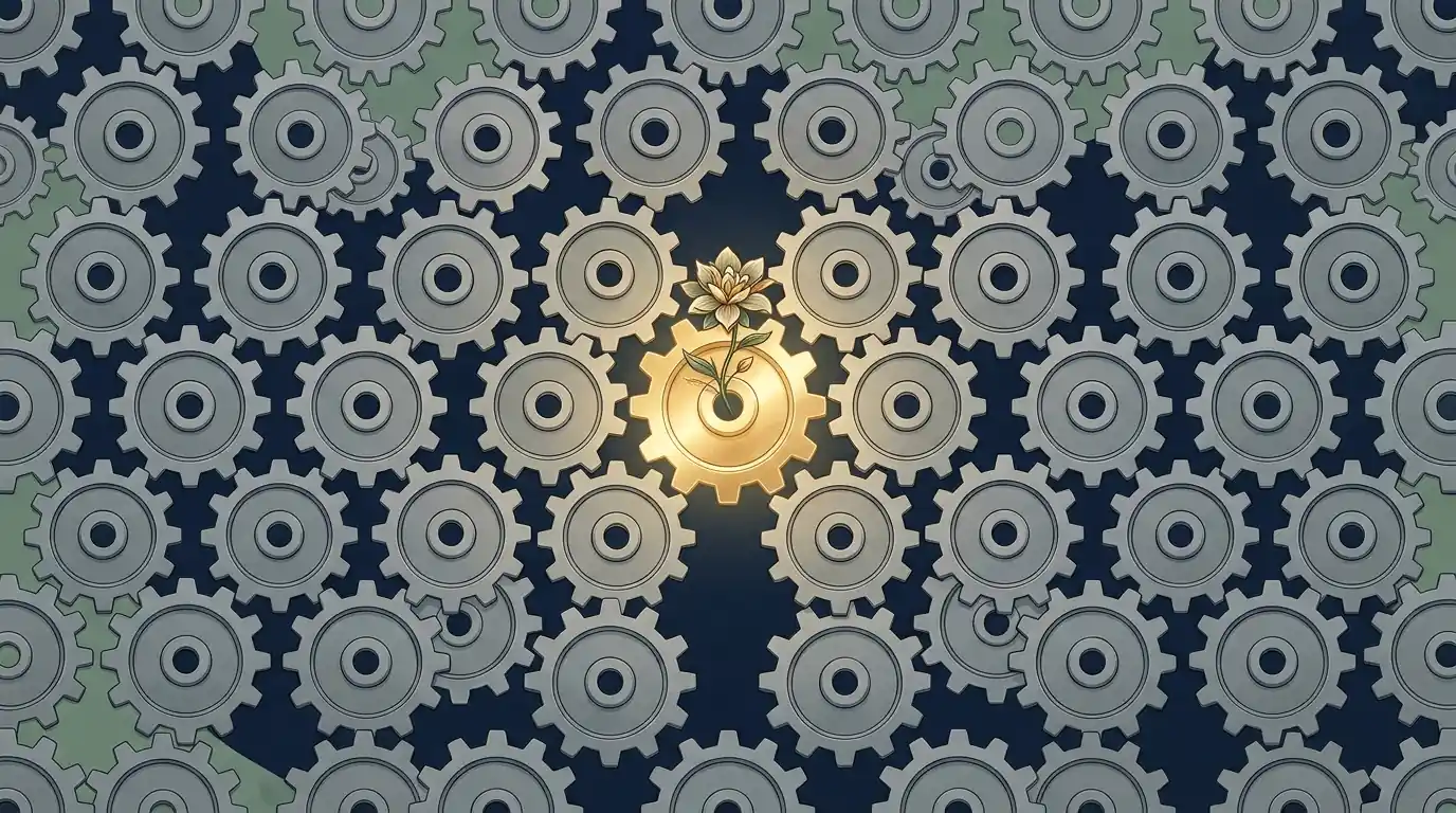 Person working at a desk in a busy office illuminated by a warm desk lamp while others pass by