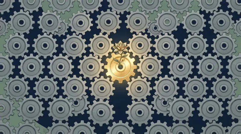 Person working at a desk in a busy office illuminated by a warm desk lamp while others pass by