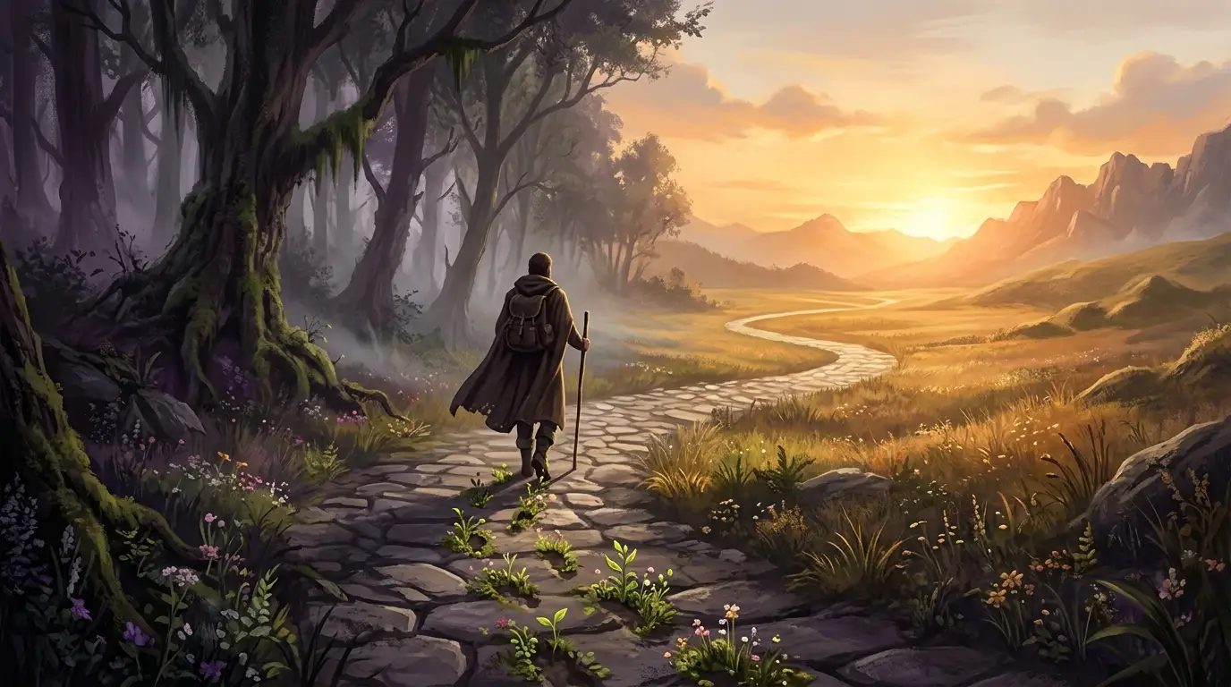 Abstract glowing path ascending through a dark landscape with warm milestones of light.