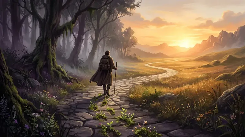 Abstract glowing path ascending through a dark landscape with warm milestones of light.