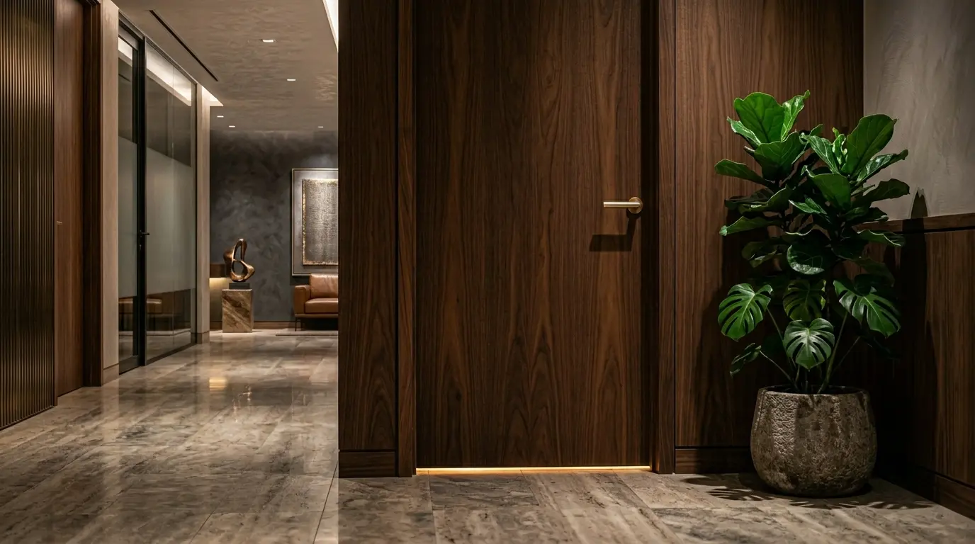 باب مغلق لغرفة مضيئه و بالداخل الطبيب يجلس مع المريض فى سرية تامة