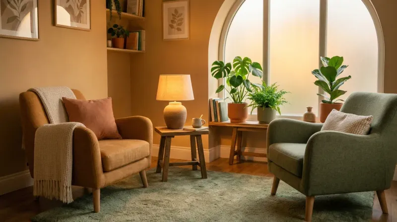 غرفة علاجية دافئة بمقعدين يتقابلان ونبات أخضر ترمز للجلسة العلاجية الأولى