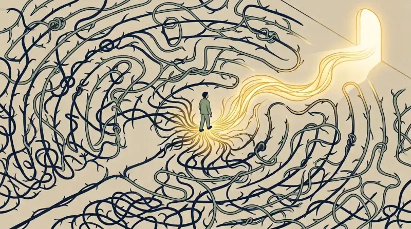 man surrounded by thorns seeking peace