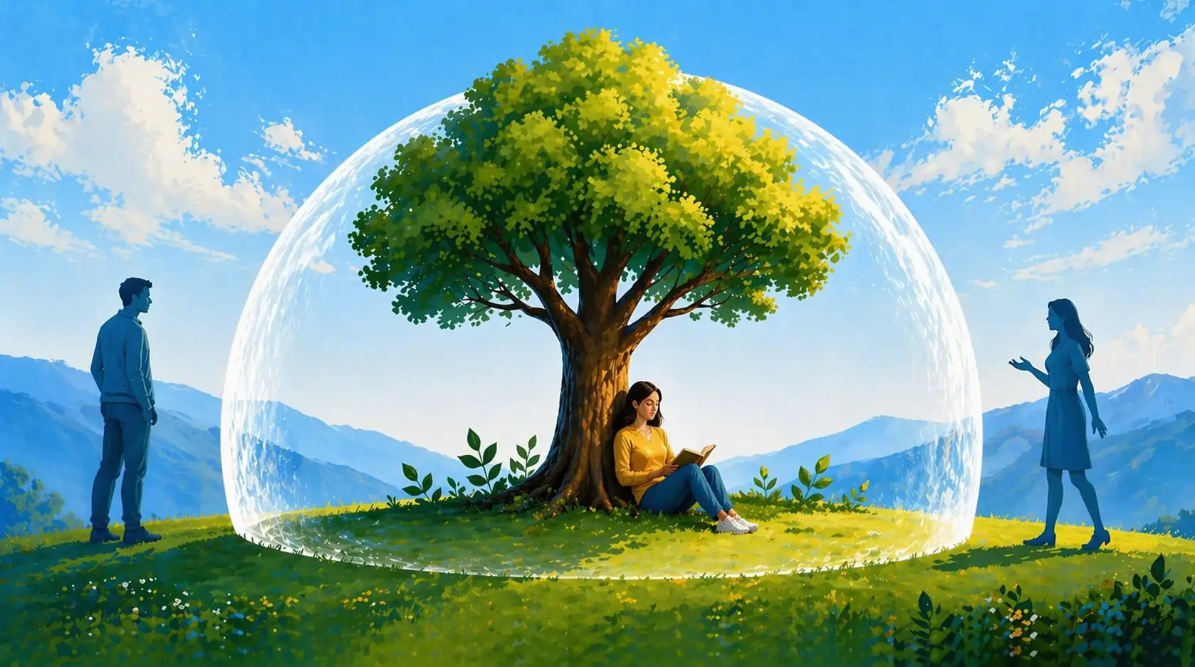 a woman sitting calmly under a tree reading a book protected by a barrier