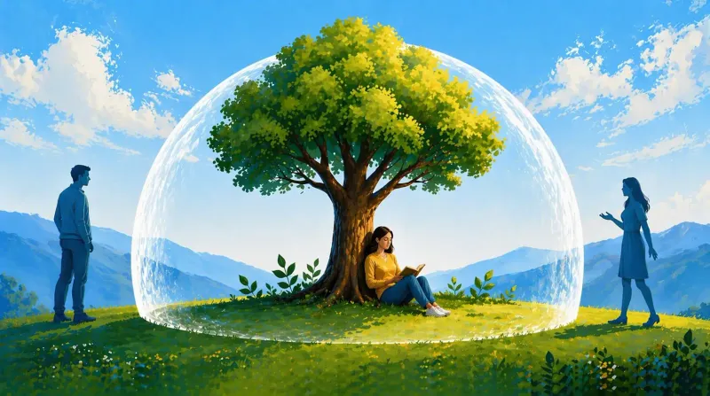 a woman sitting calmly under a tree reading a book protected by a barrier