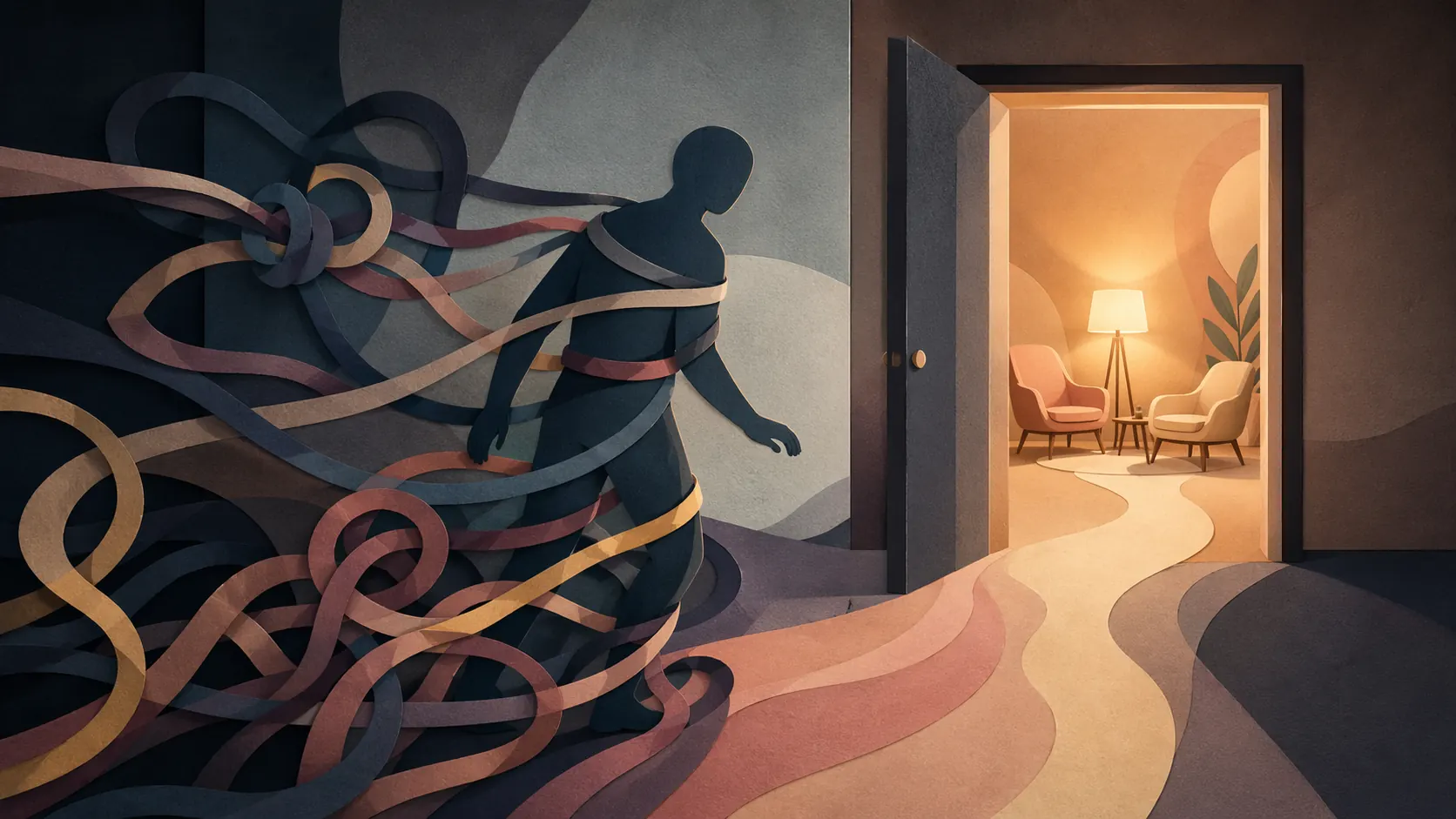 a person approaching the therapy session being held back by negative thoughts