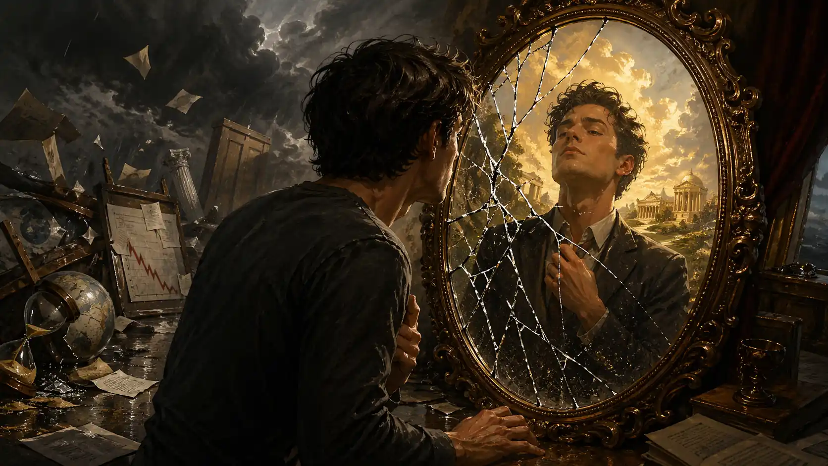 Person looking at a mirror showing conflicting reflection representing cognitive dissonance