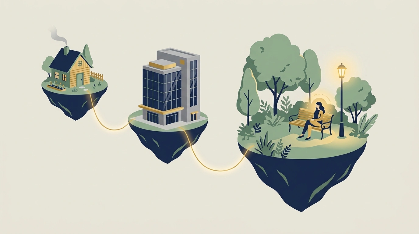 a woman sitting at a park away from home and work