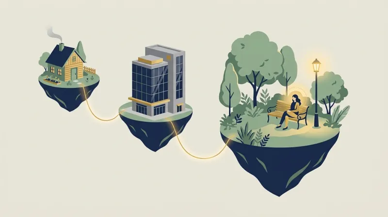 a woman sitting at a park away from home and work