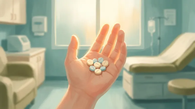 Open hand holding small pills illuminated by warm morning light in a reassuring medical setting