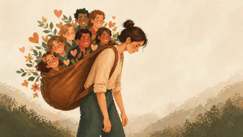 Exhausted person carrying a bag full of people resembling psychological burden